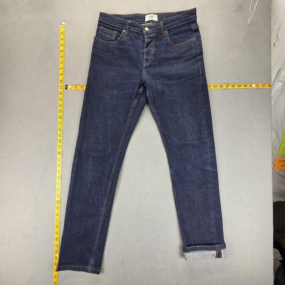 Selvedge Jeans Mens Blue Folk Slim Skinny Dark Wash Button‎ Fly Fits 30x32